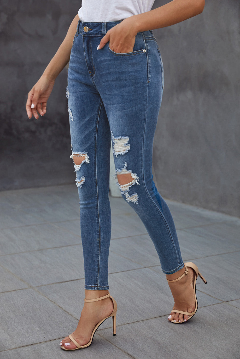 Blue Hollow Out Vintage Skinny Ripped Jeans