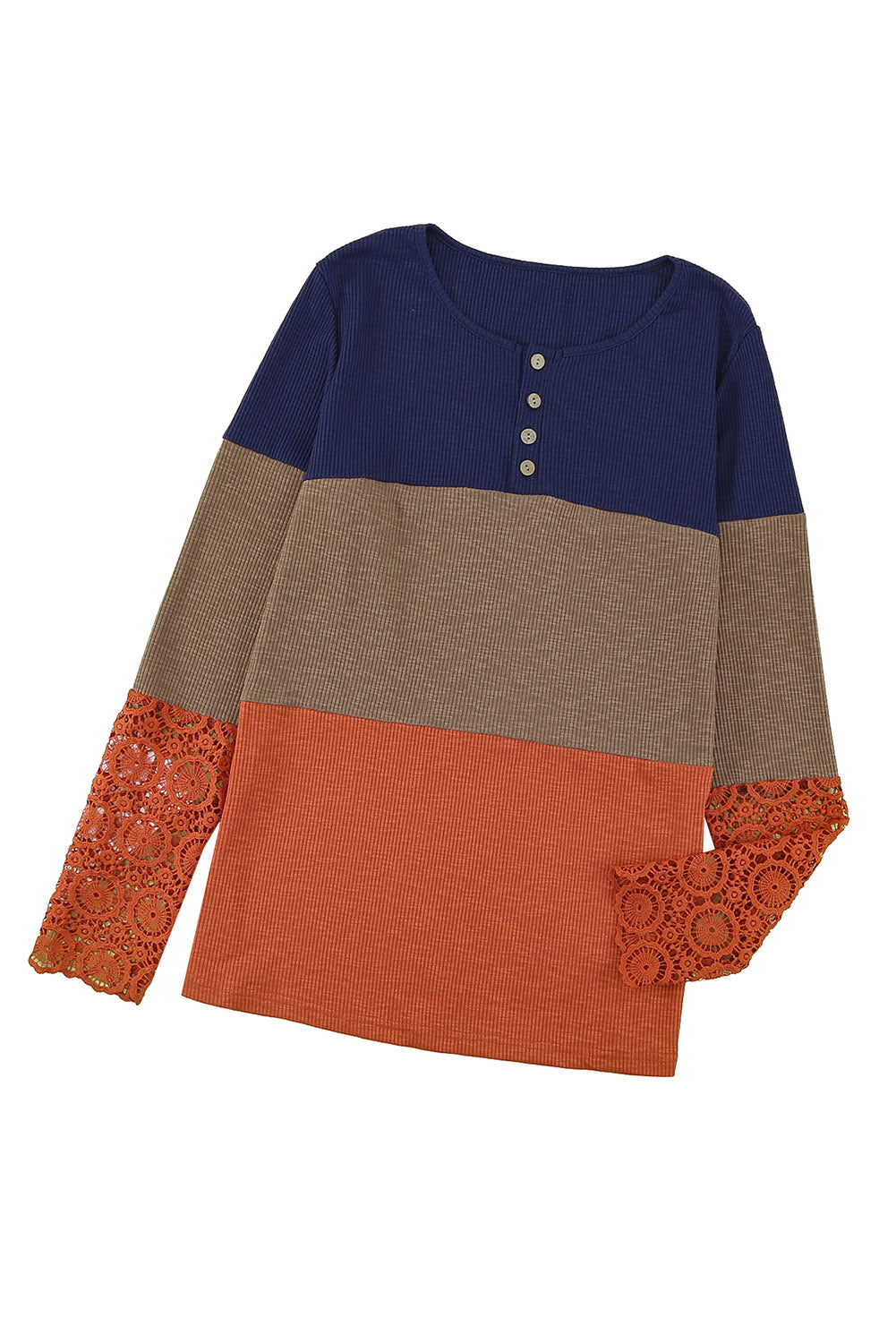 Blue Ribbed Lace Splicing Color Block Long Sleeve Top