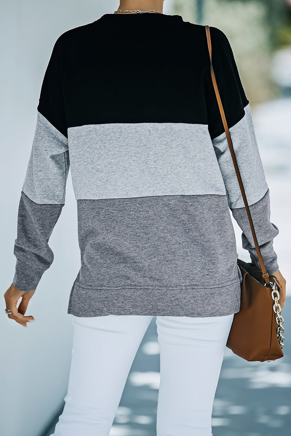 Colorblock Gray Contrast Stitching Sweatshirt with Slits