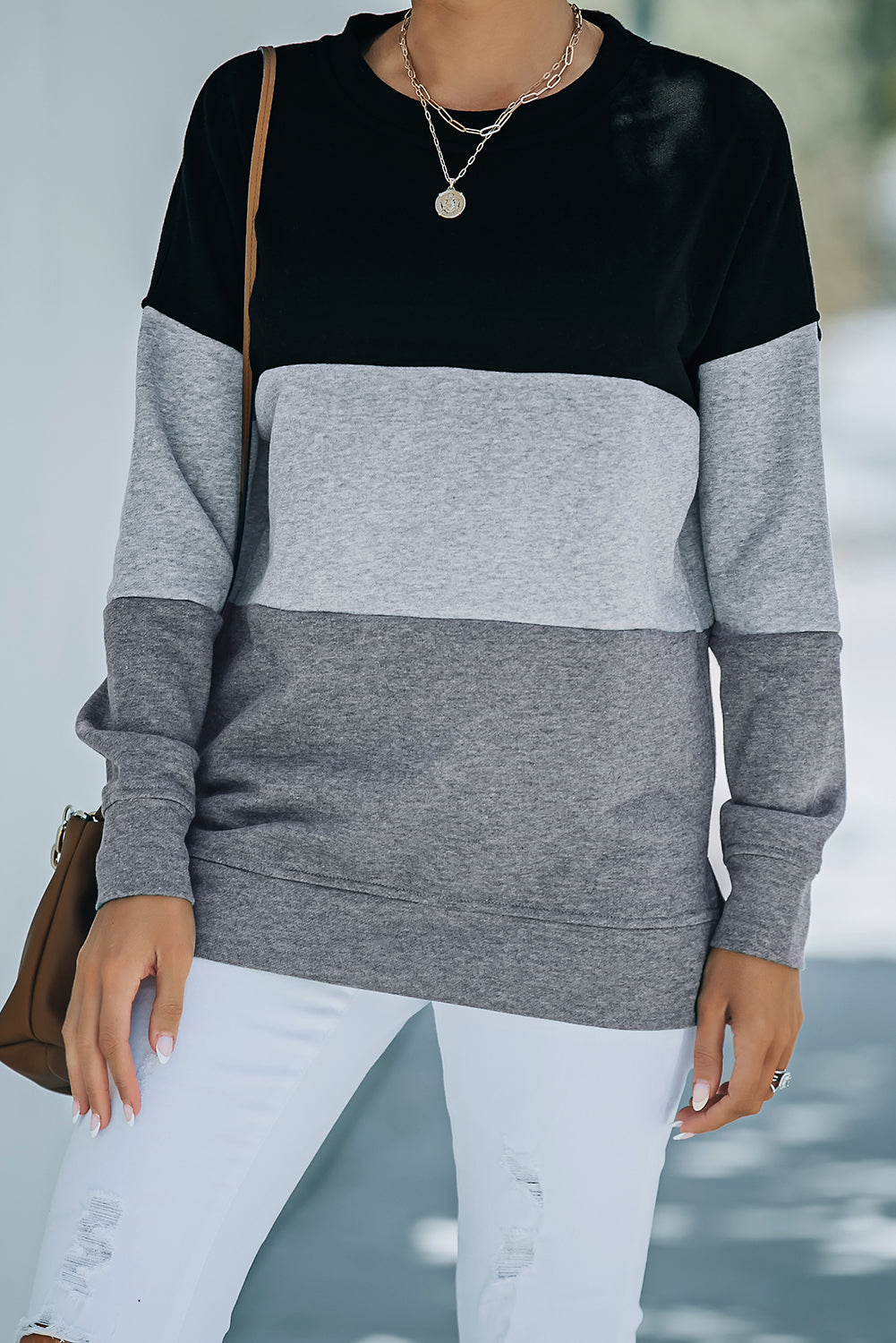 Colorblock Gray Contrast Stitching Sweatshirt with Slits