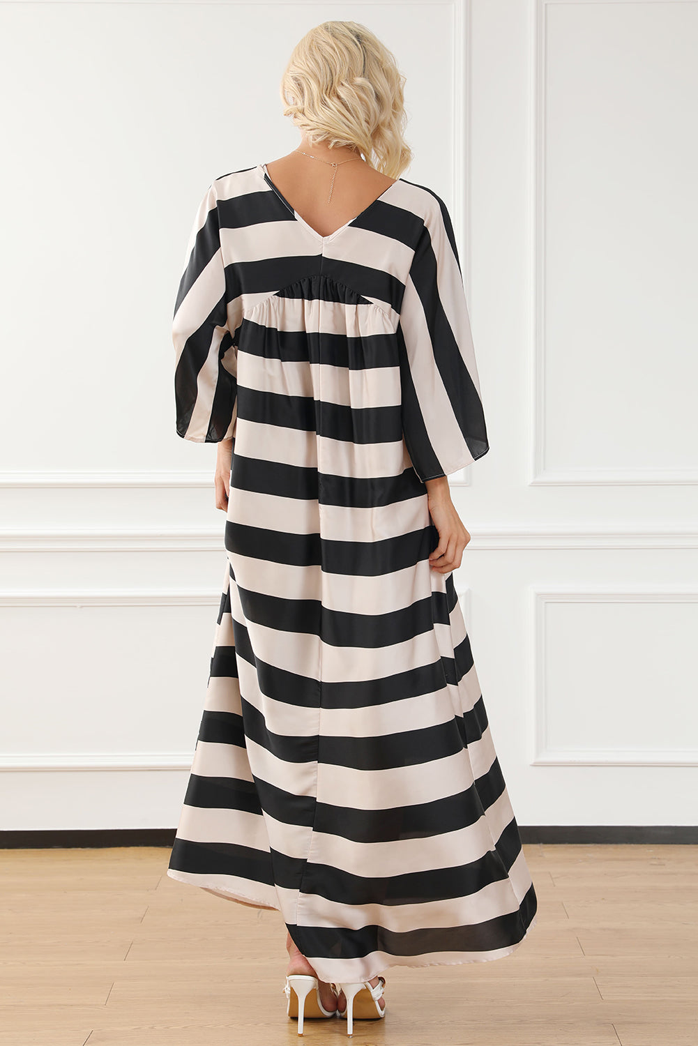 Black V Neck Kimono Sleeve Striped Maxi Dress