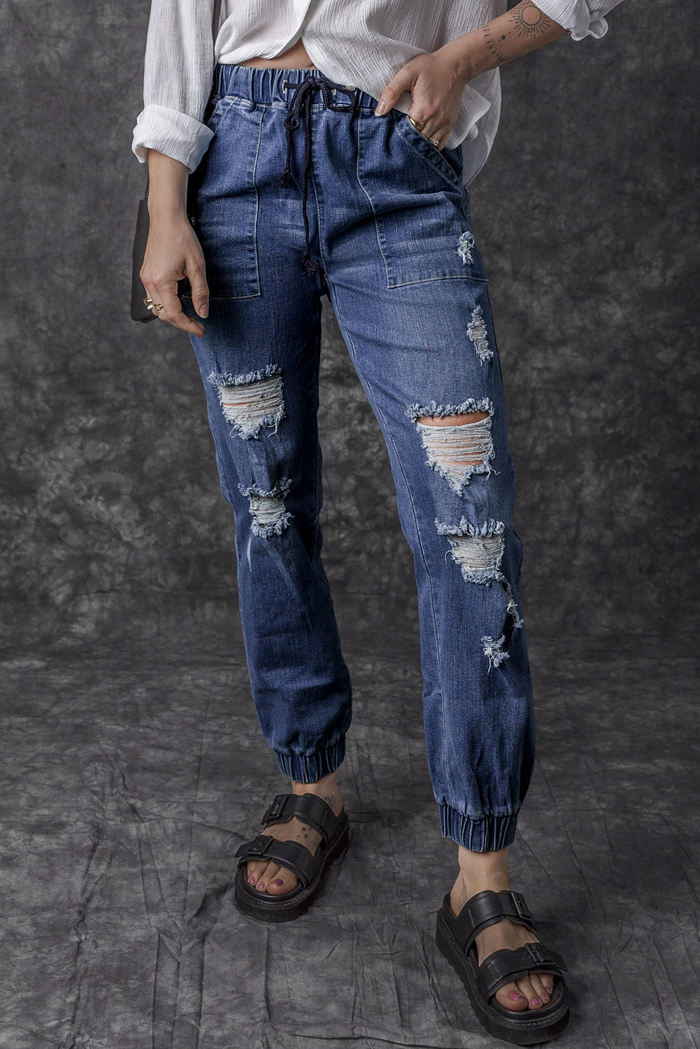 Blue Pocketed Distressed Denim Joggers