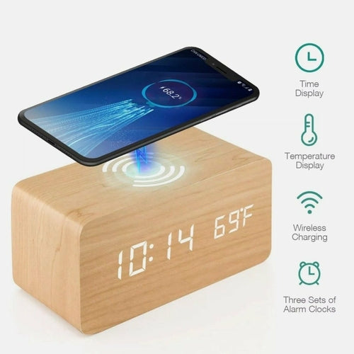 Wooden Digital Alarm Clock with Wireless Phone Charging Pad - Craze Trends