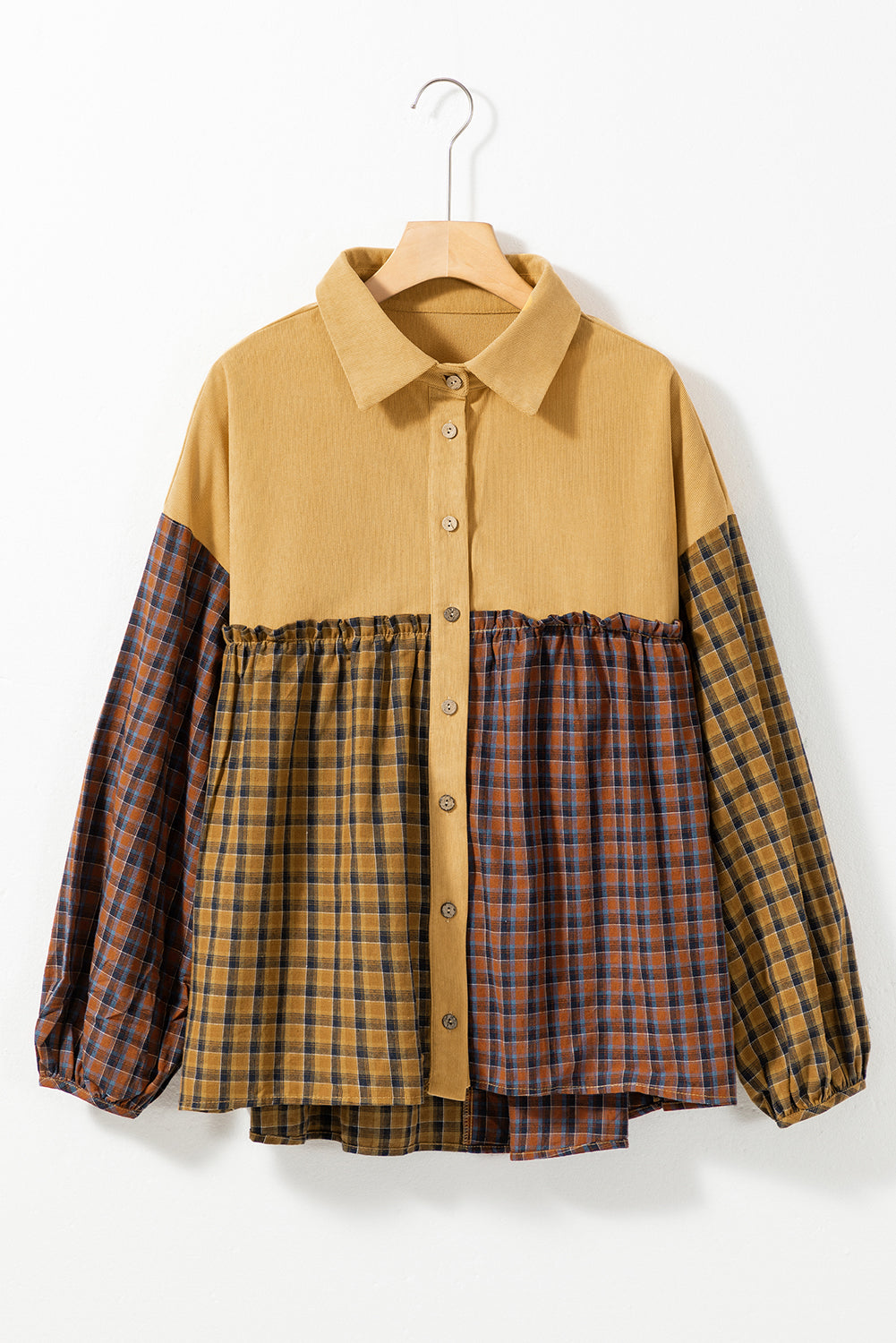 Mustard Contrast Plaid Print Puff Sleeve Shirt