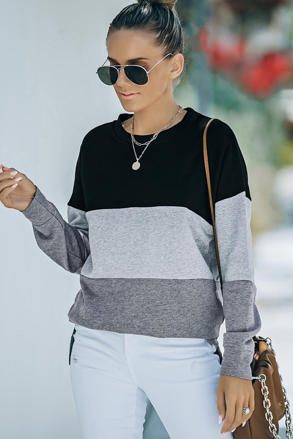 Colorblock Gray Contrast Stitching Sweatshirt with Slits