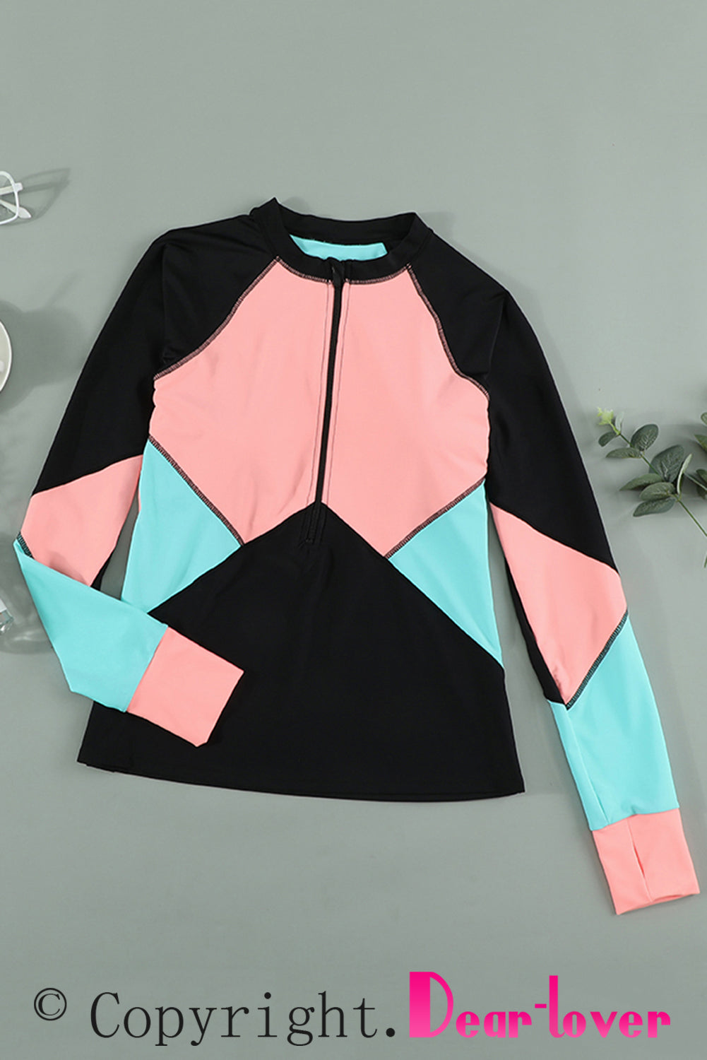 color Zip Up Neckline Color Block Rashguard Top