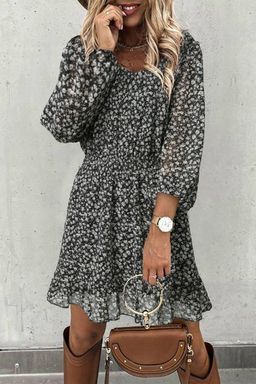 Graceful Elastic Waist Ruffled Floral Dress