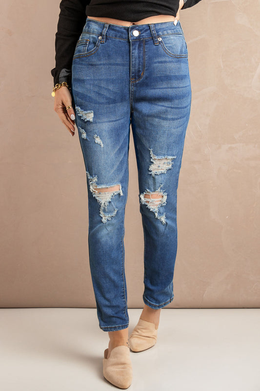 Blue Hollow Out Vintage Skinny Ripped Jeans