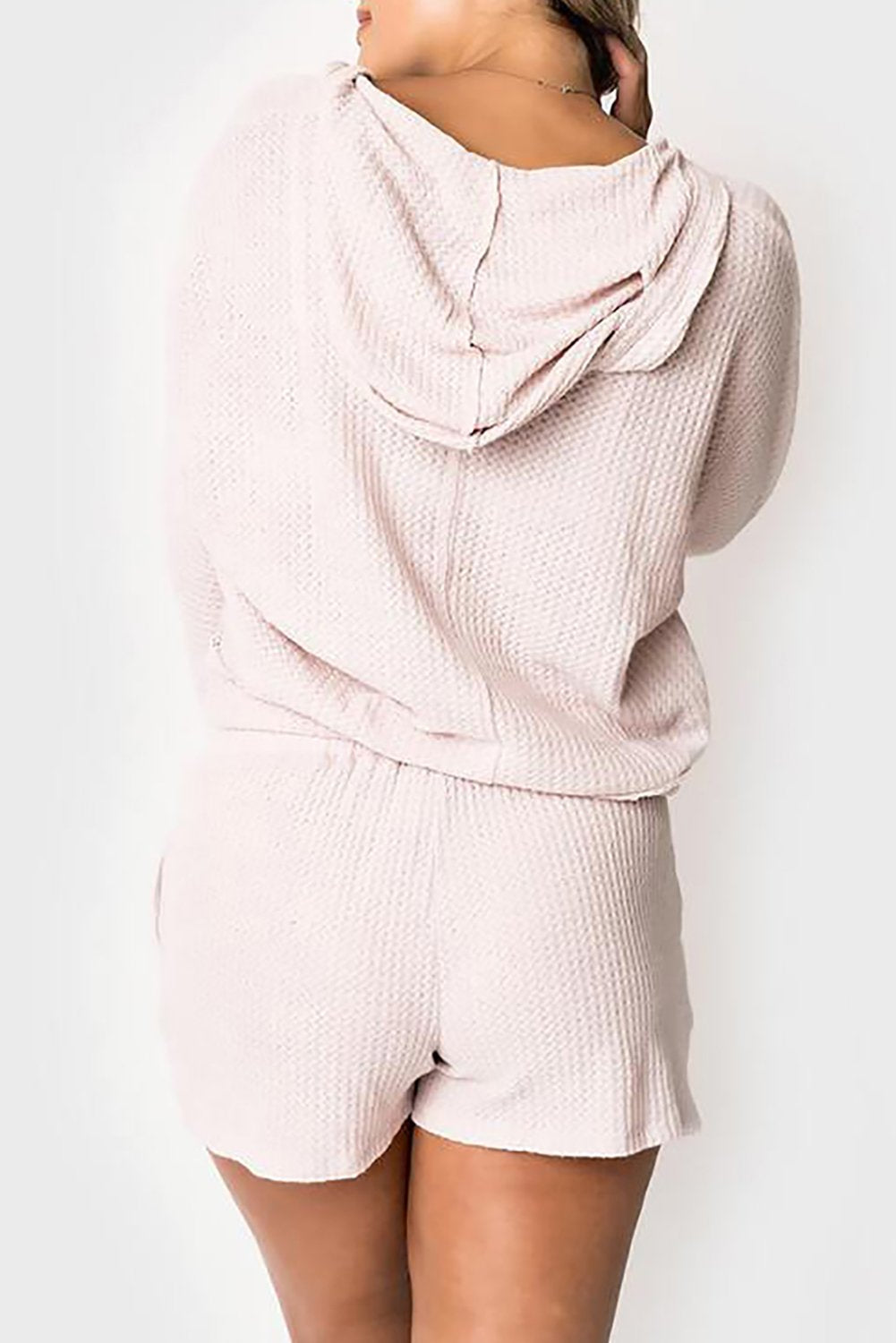 Waffle Texture V Neck Long Sleeve Hoodie & Shorts Two-Piece Loungewear