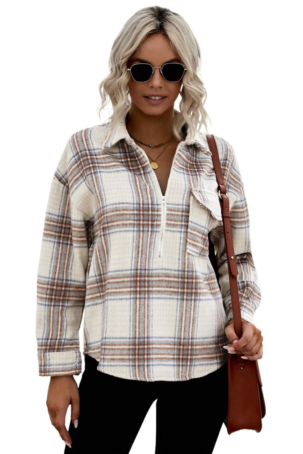 Chest Pocket Plaid Half Zip Sweatshirt