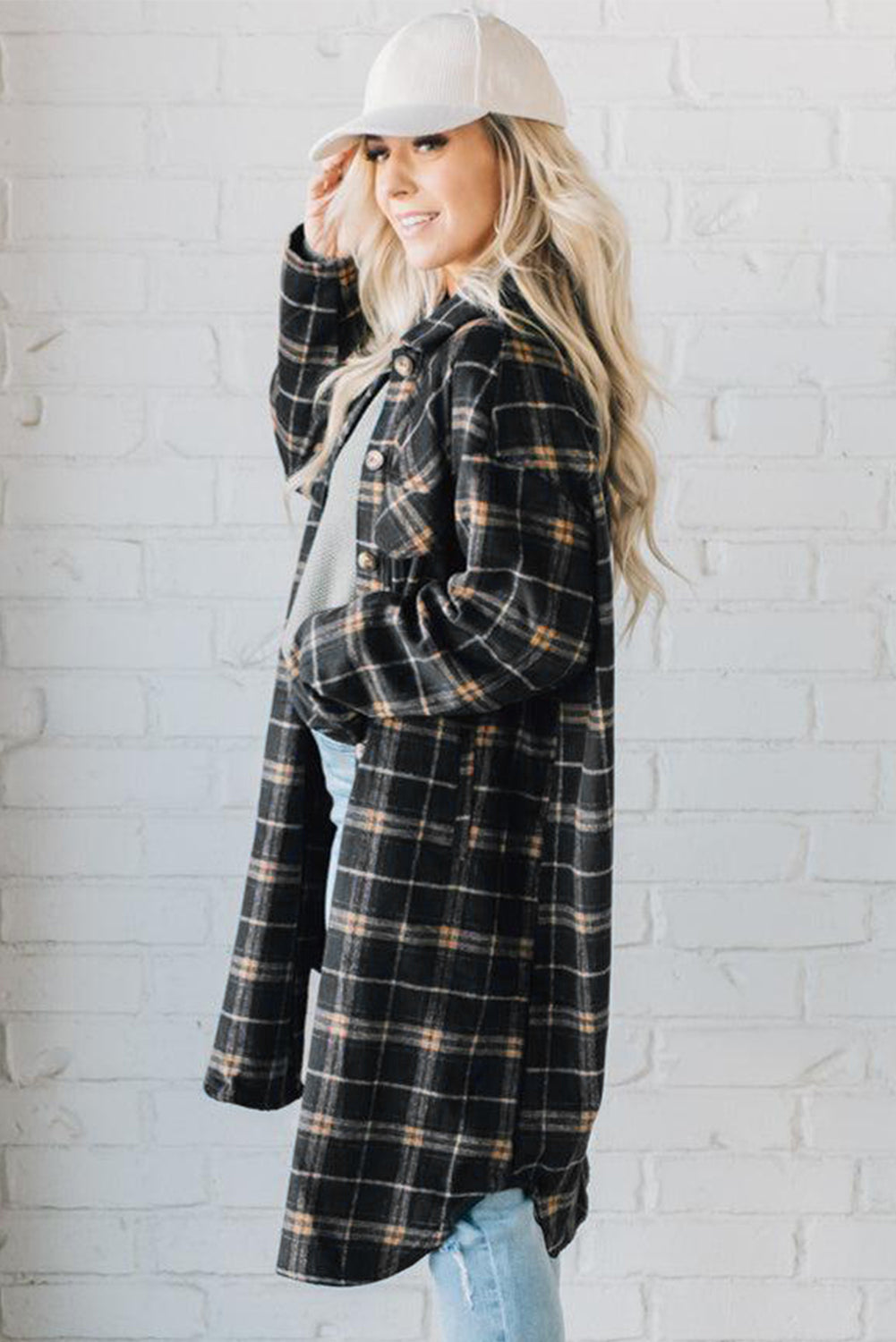 Black Plaid Button Front Pocketed Long Shacket