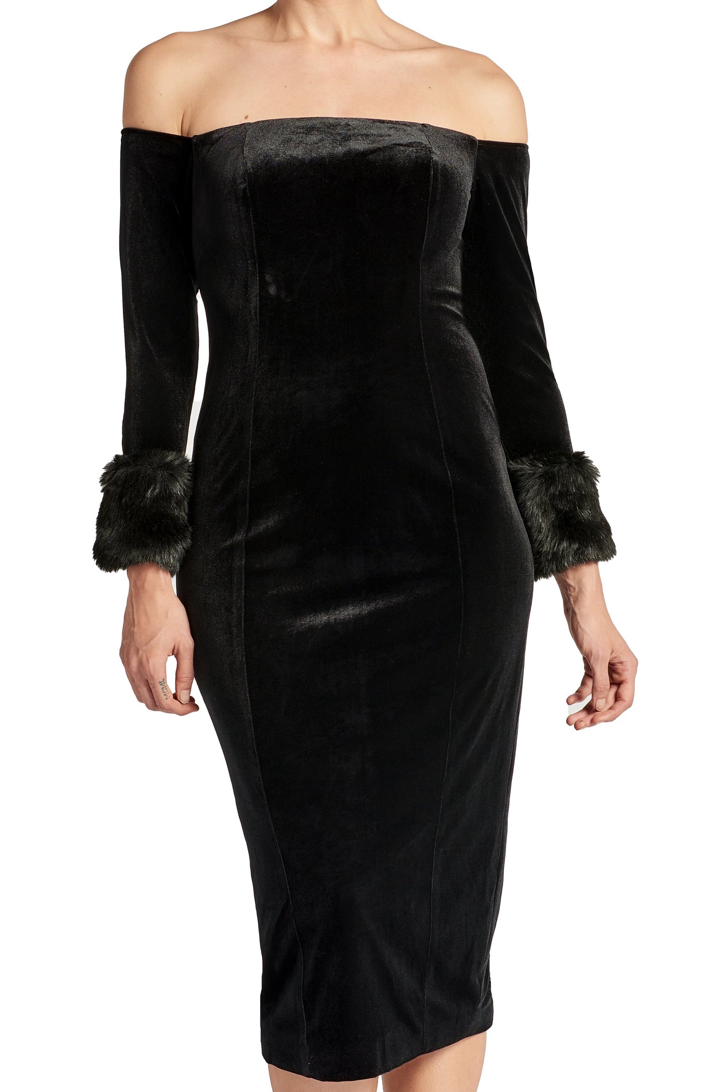 Joia Dress - Velvet off the shoulder long sleeve dress with faux fur