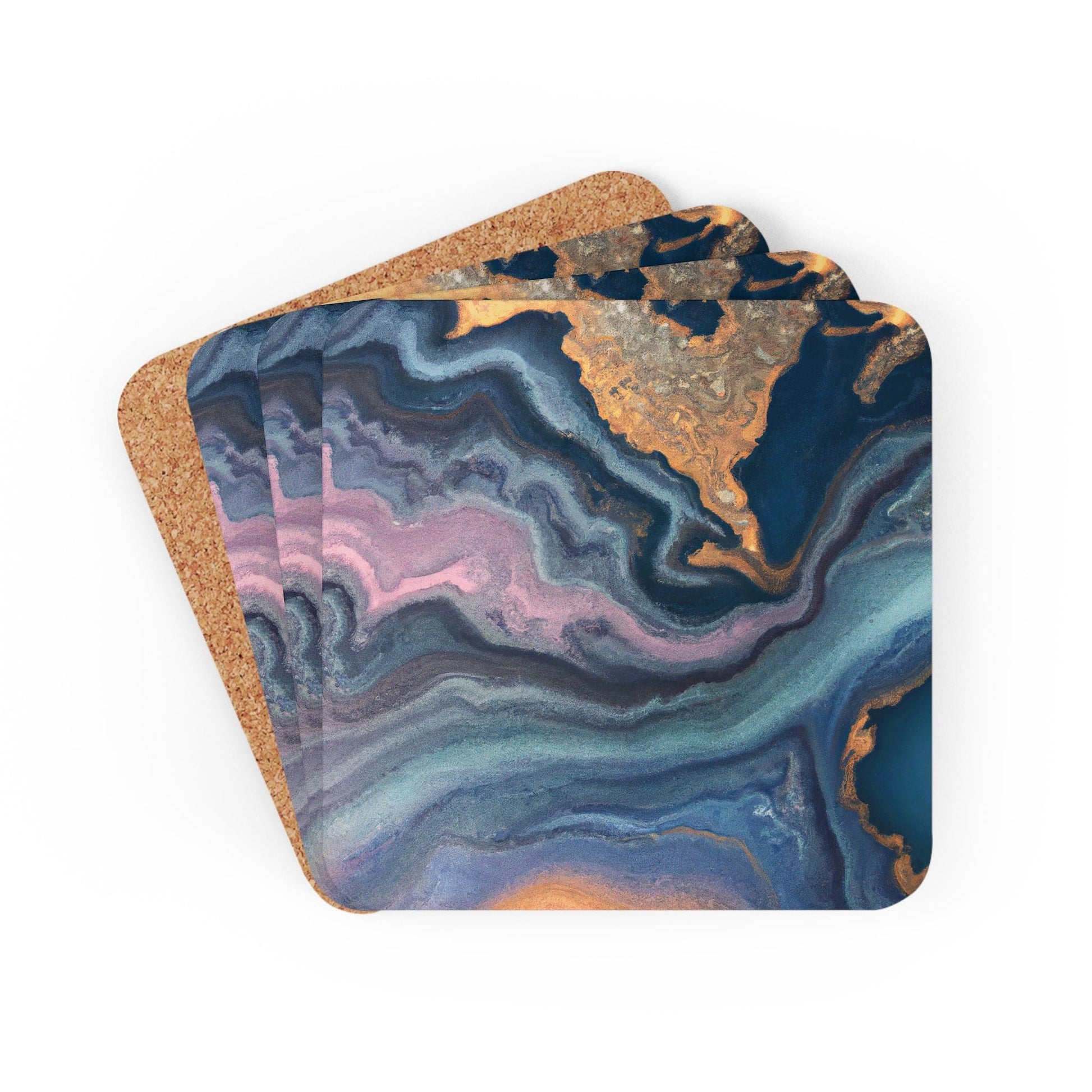 Coaster Set Of 4 For Drinks Blue Pink Gold Abstract Marble Swirl Patte - Craze Trends