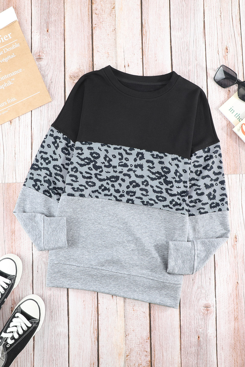 Colorblock Gray Contrast Stitching Sweatshirt with Slits