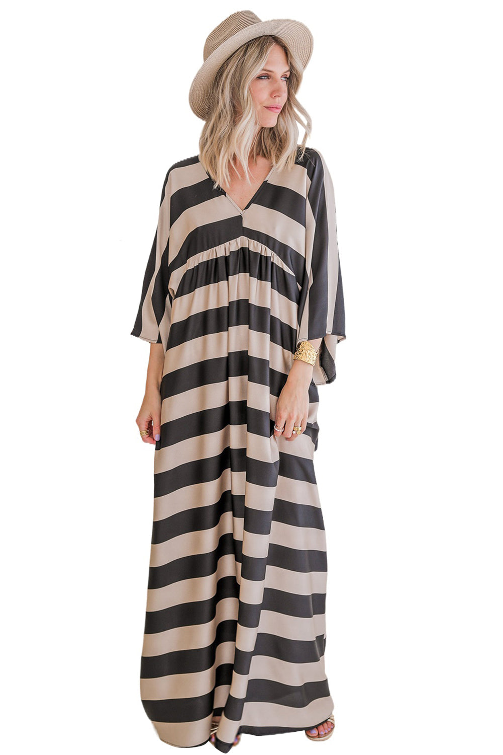 Black V Neck Kimono Sleeve Striped Maxi Dress