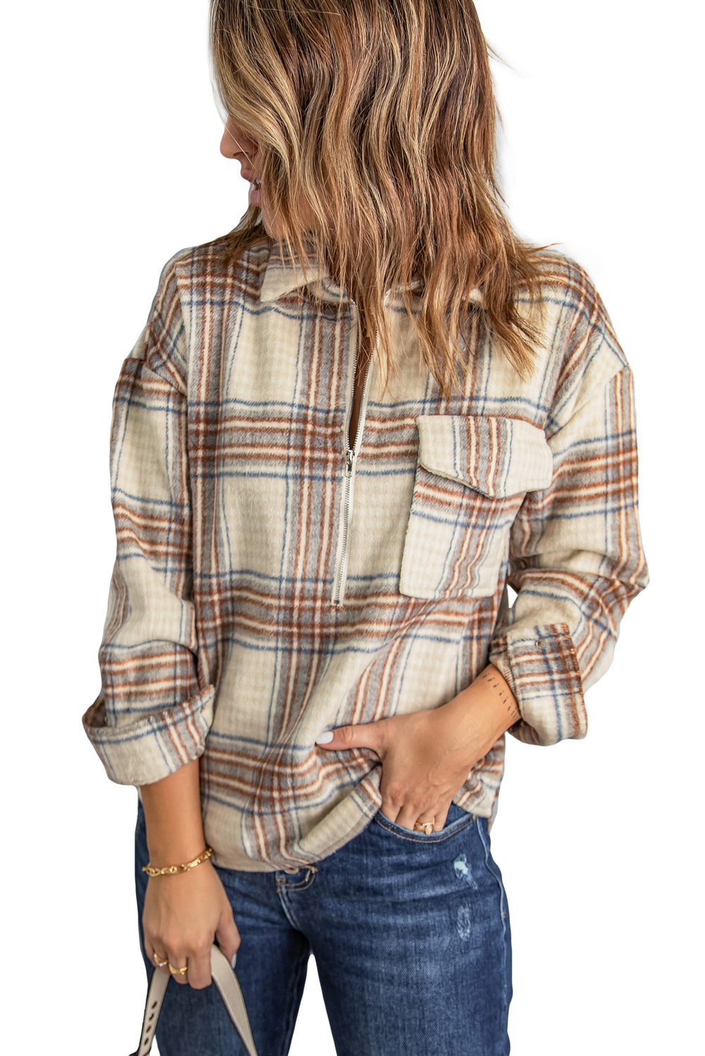 Chest Pocket Plaid Half Zip Sweatshirt