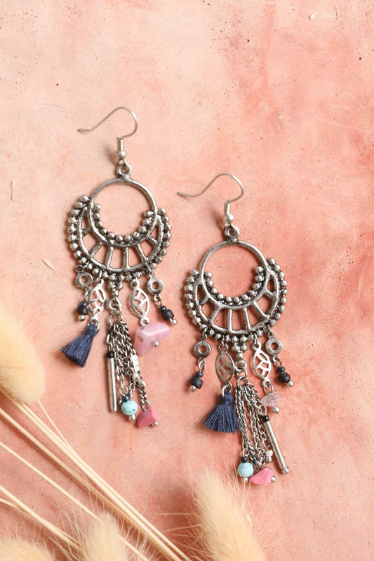 Dangling Rose Quartz & Fringe Earrings