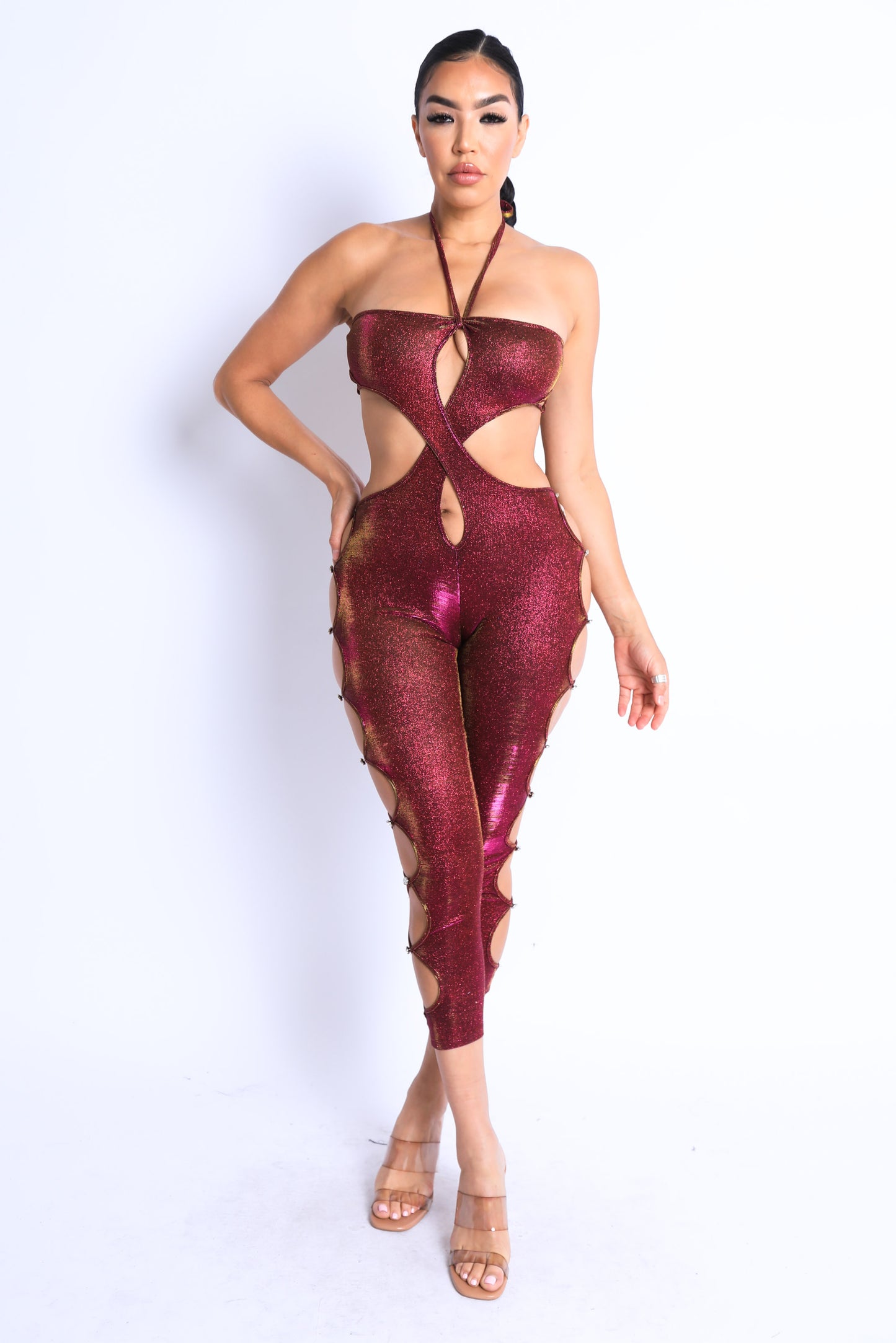 Glittery Cutout Halter Neck Keyhole Sexy Party Jumpsuit FUCHSIA/GOLD - Craze Trends