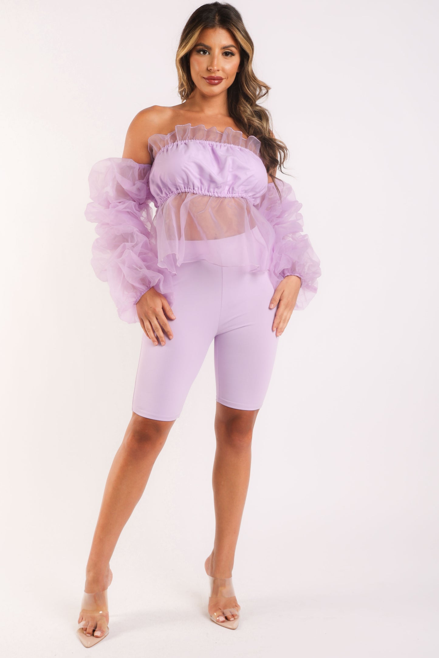 Sexy Organza Sleeve Detailed Top & Matching Shorts 2 Piece Set lavndr - Craze Trends