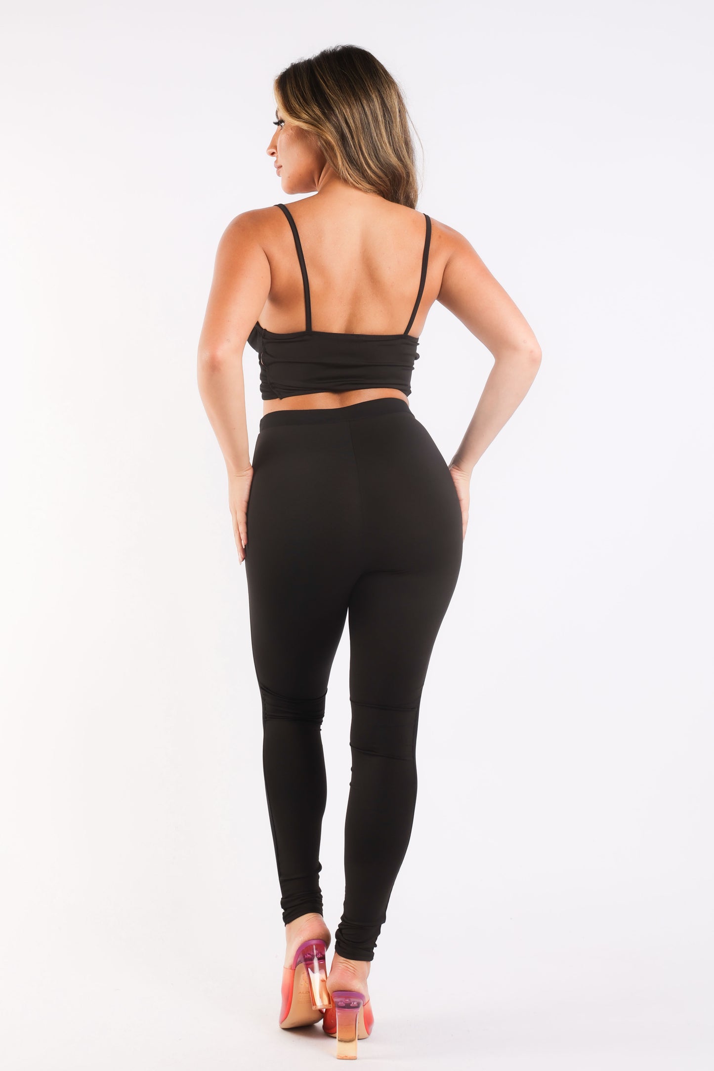 Mesh Contrast Sets Casual Sports Strappy Sleeve Top & Leggings BLACK - Craze Trends