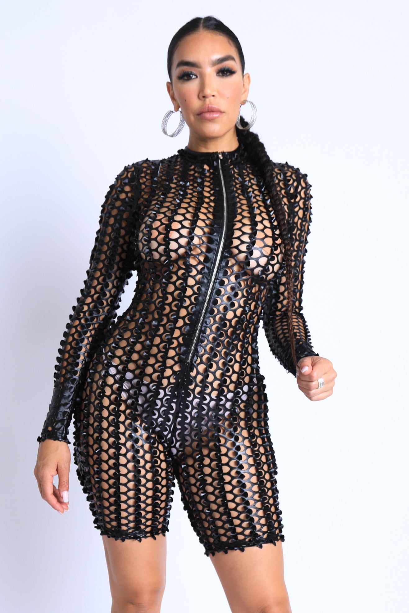 Sexy Club Outfit Romper Long Sleeve Cutting Mesh Bodysuit BLACK - Craze Trends