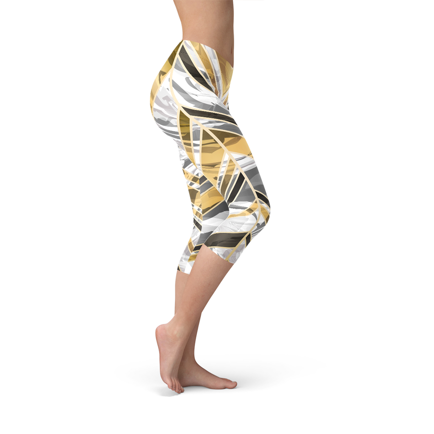 White Marble w/ Black Gold Lines Capri Leggings - Craze Trends