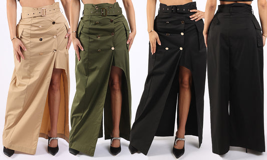 Asymmetric Self Belted Pockets Detailed Maxi Skirt Formal Casual - Craze Trends