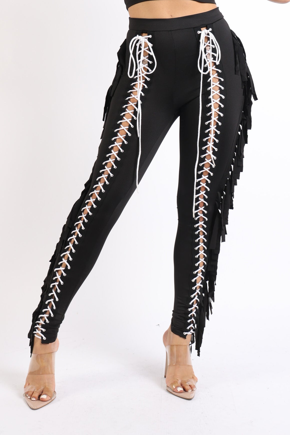 Chic Lace up Detailed Fringe Tassel Pants Leggings BLACK - Craze Trends