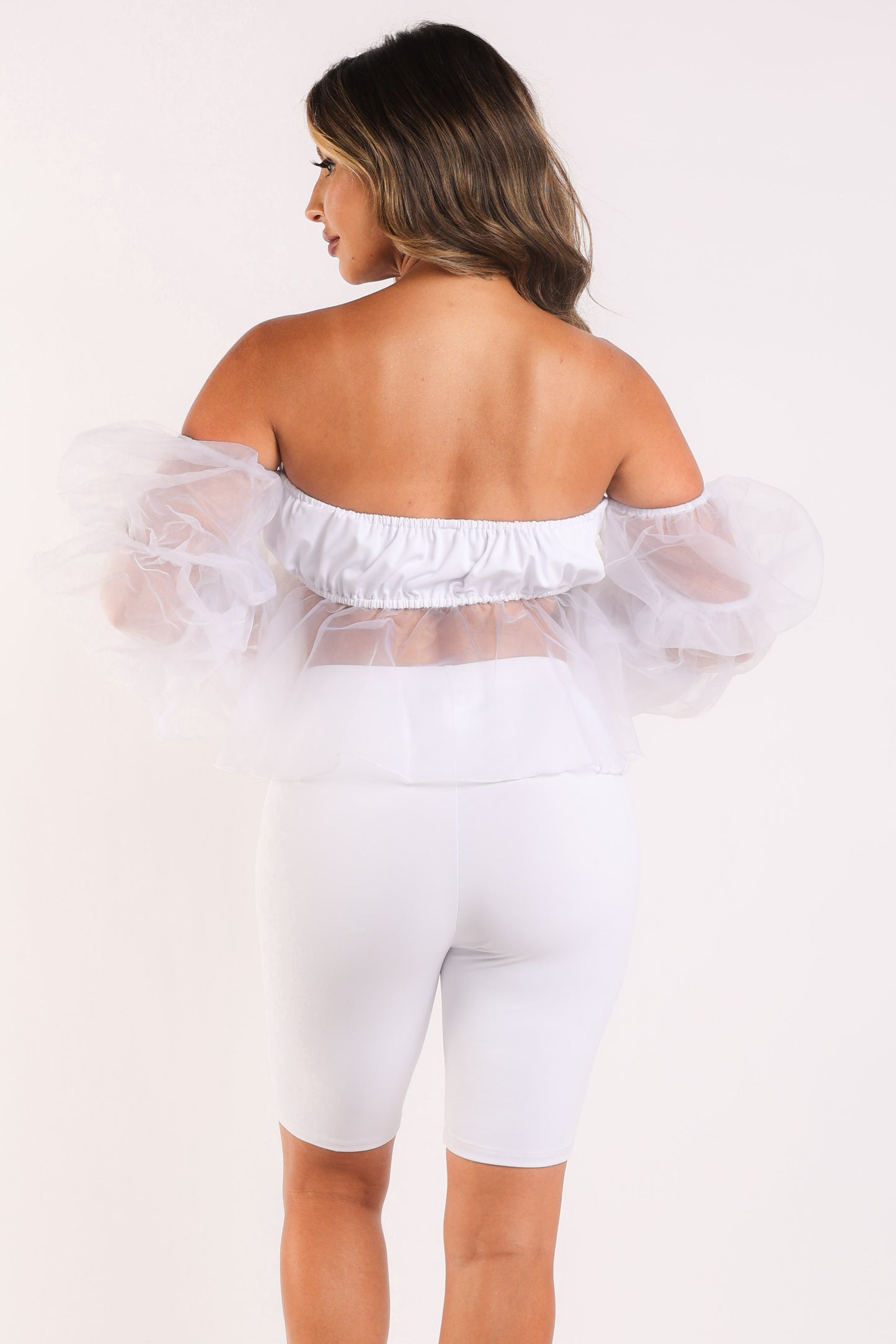 Sexy Organza Sleeve Detailed Top & Matching Shorts 2 Piece Set White - Craze Trends