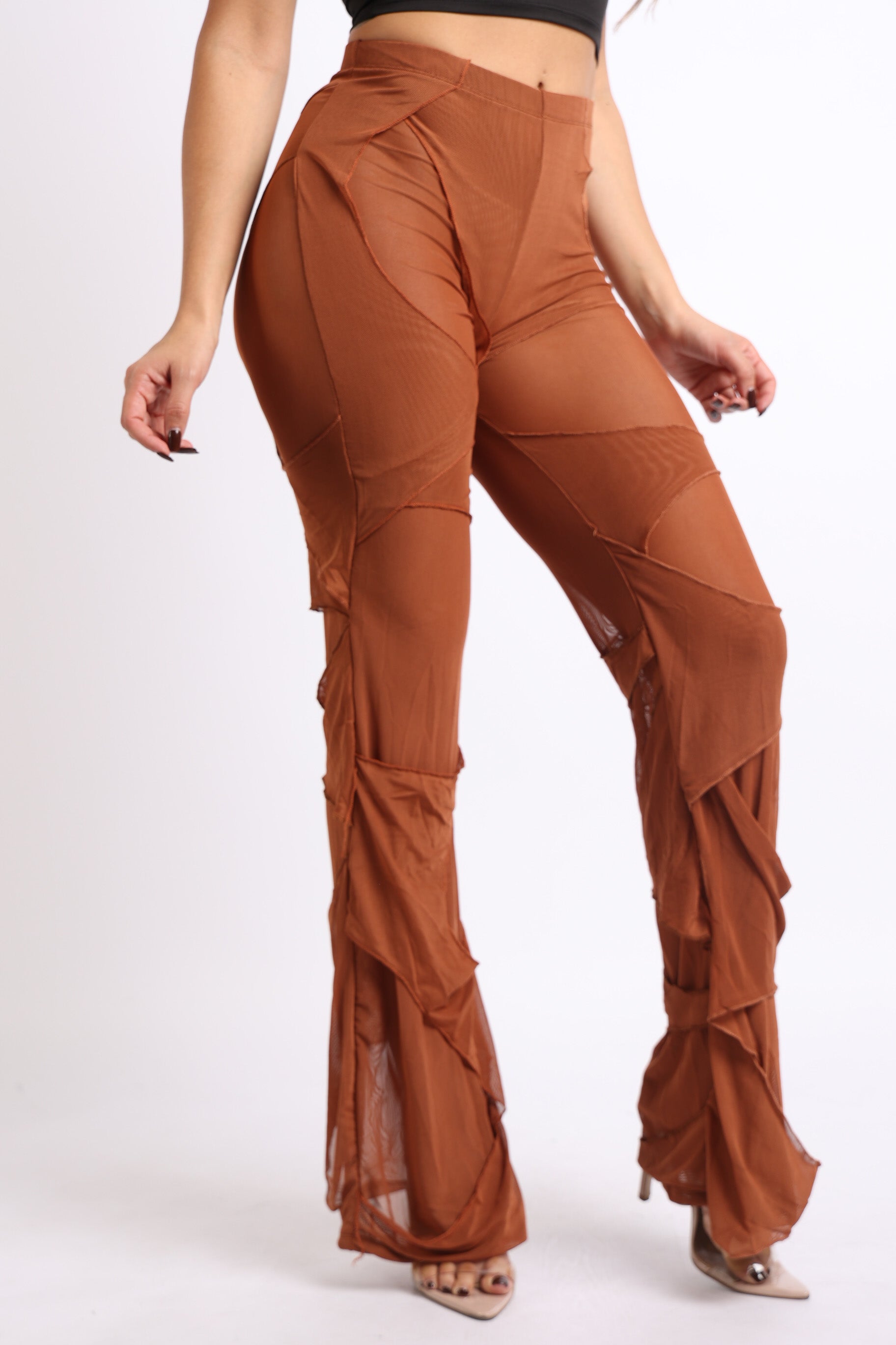 Bell Bottom Yoga Layered Mesh Flared Leg Pants Leggings Mocha S M L - Craze Trends