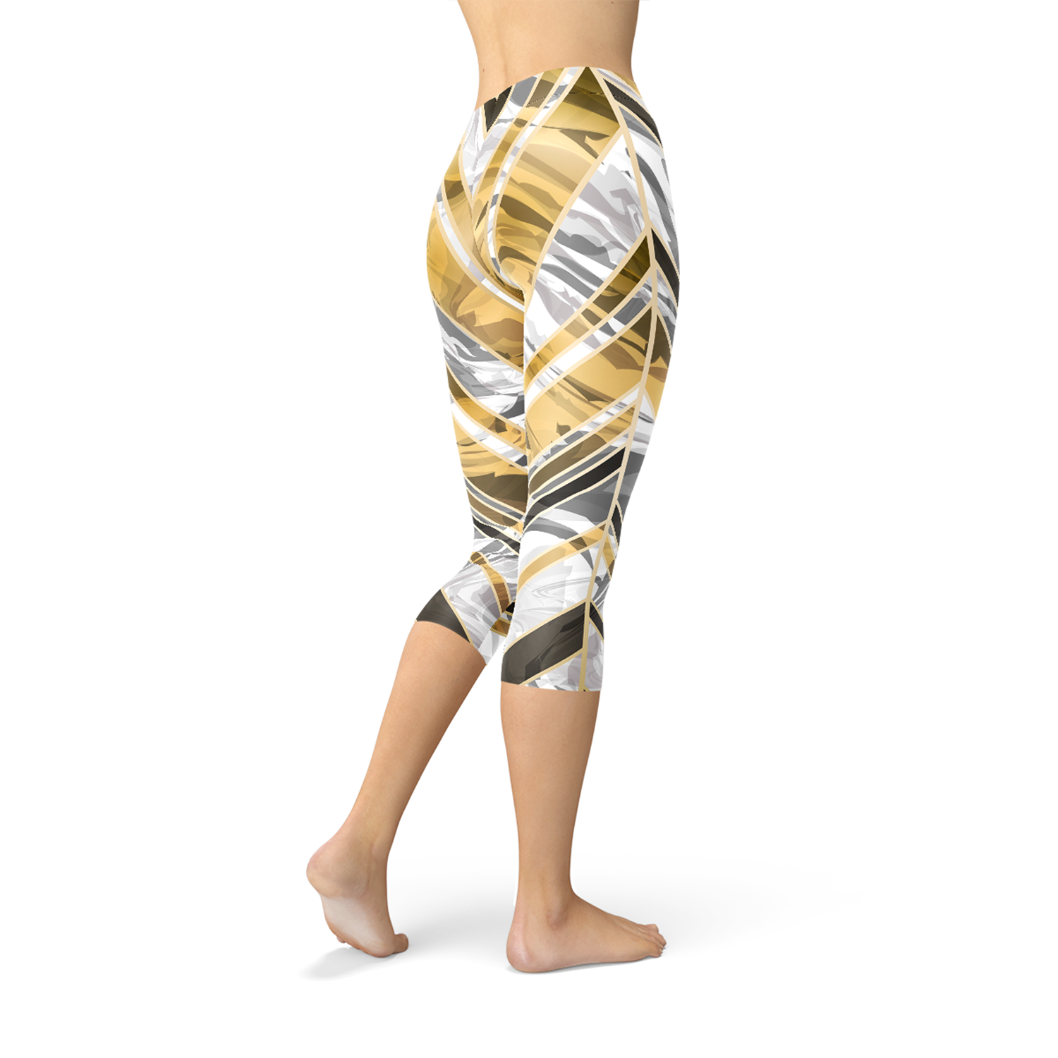 White Marble w/ Black Gold Lines Capri Leggings - Craze Trends