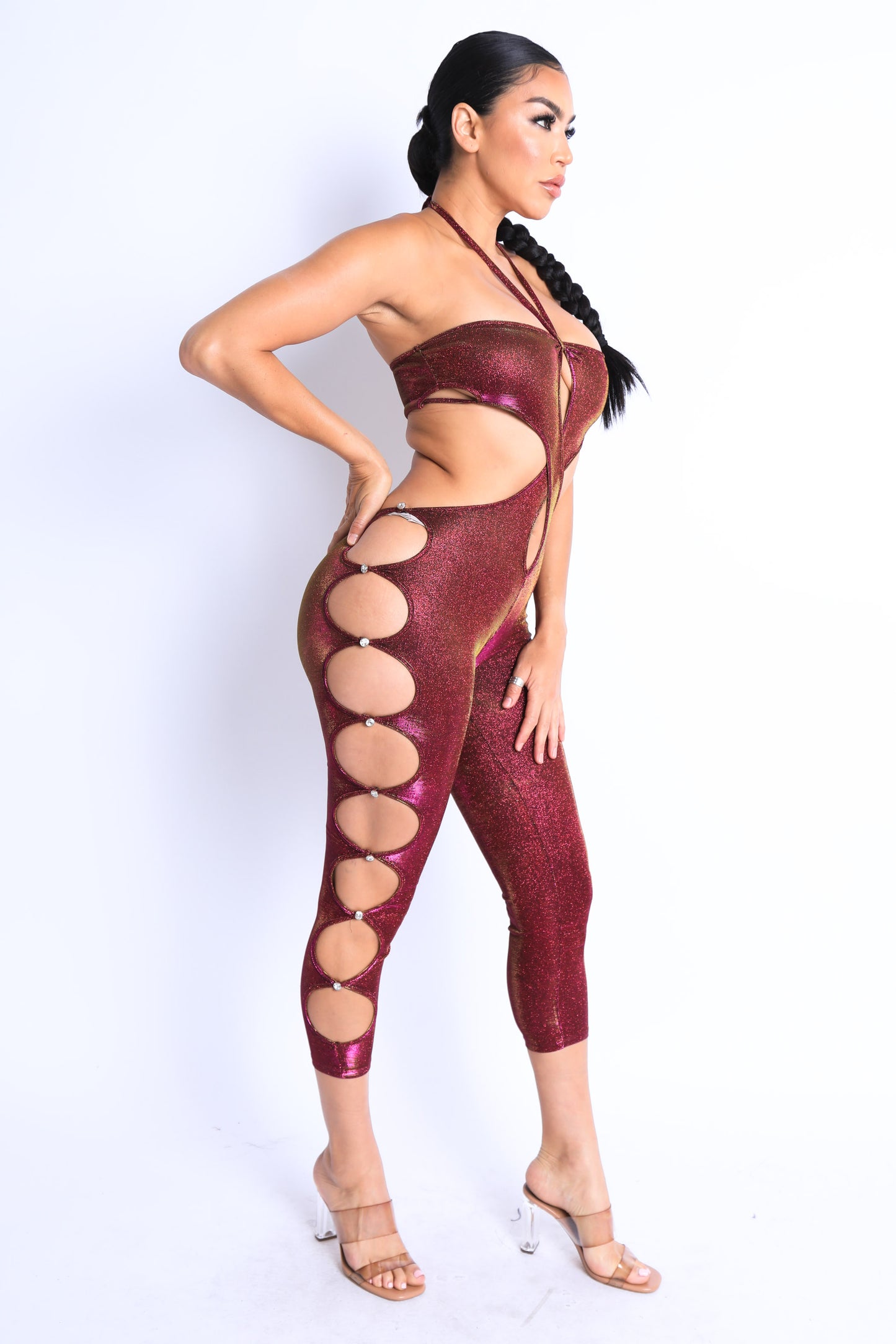 Glittery Cutout Halter Neck Keyhole Sexy Party Jumpsuit FUCHSIA/GOLD - Craze Trends