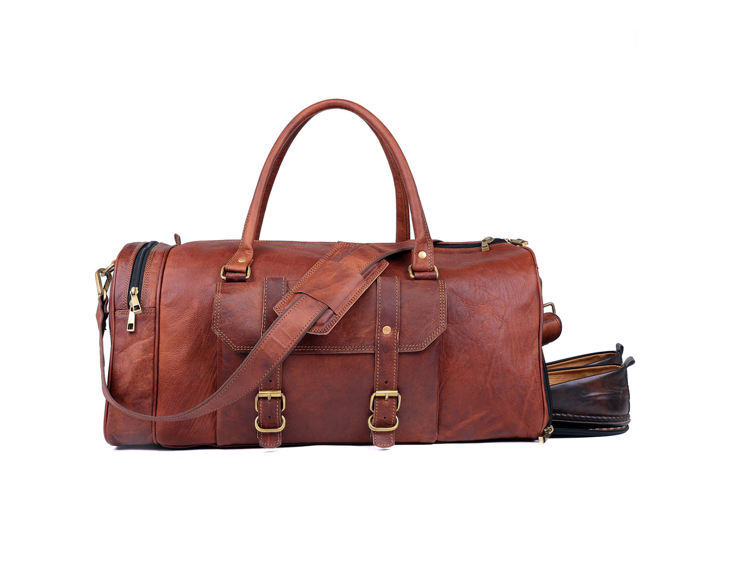 Handmade Genuine Leather Travel Duffel Bag with Shoe Compartment - Craze Trends