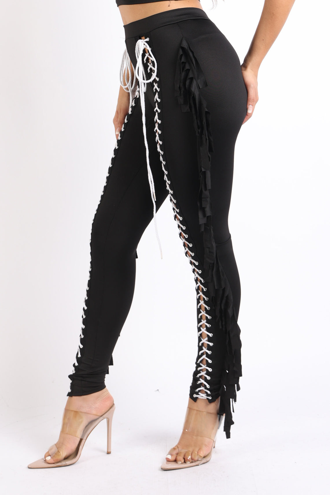 Chic Lace up Detailed Fringe Tassel Pants Leggings BLACK - Craze Trends