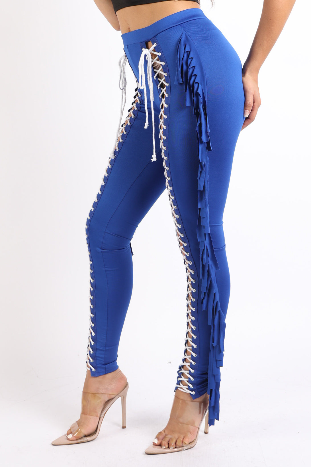 Chic Lace up Detailed Fringe Tassel Pants Leggings ROYAL - Craze Trends