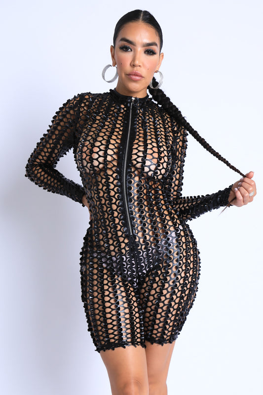 Sexy Club Outfit Romper Long Sleeve Cutting Mesh Bodysuit BLACK - Craze Trends