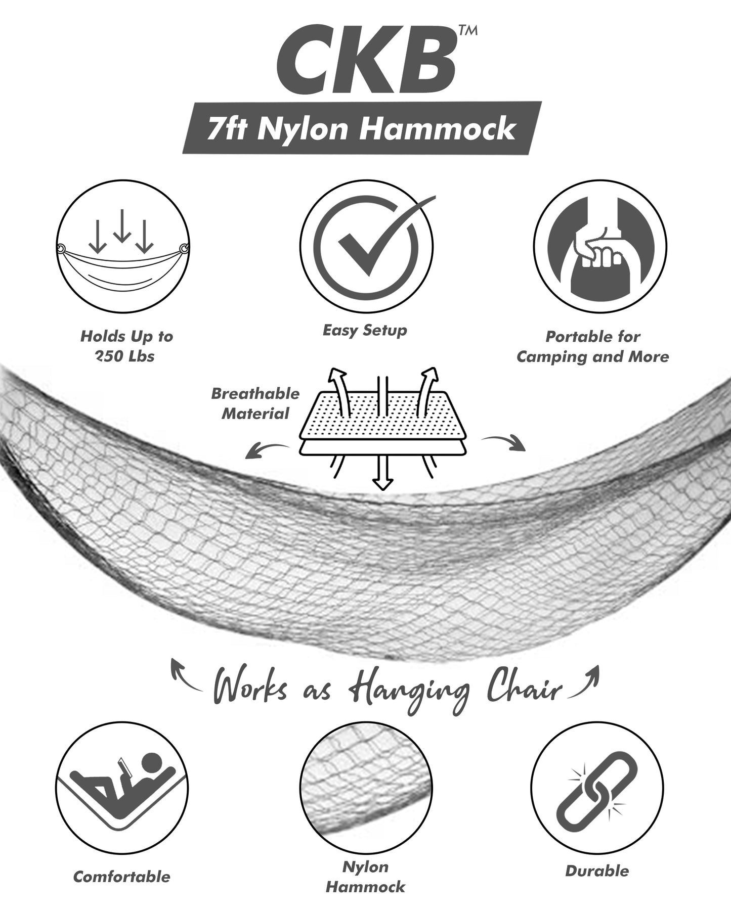 7ft Nylon Hammock - Portable and Easy to Set Up - Holds up to 220LBs - Craze Trends