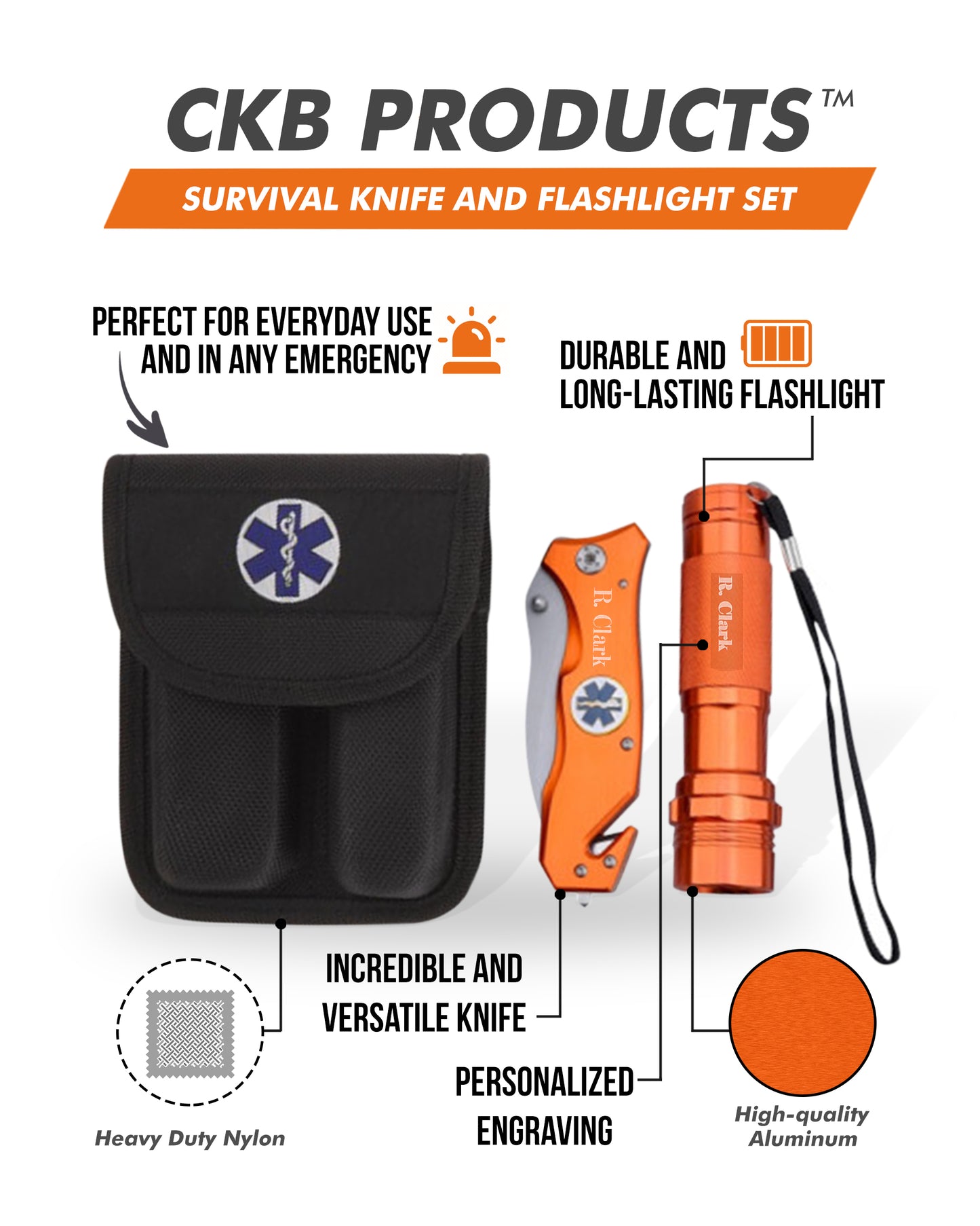 Survival Knife and Flashlight - Orange Finish - Emergency - LED Light - Craze Trends