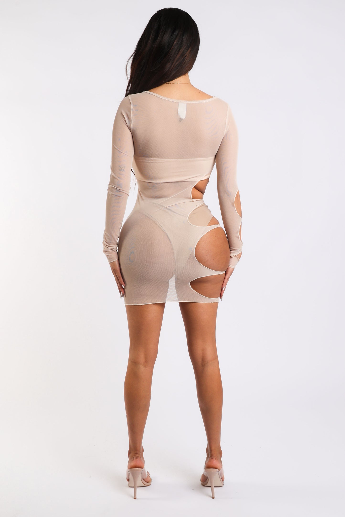 Sexy Cut Out Detailed Long Sleeve Mesh Sheer Dress NUDE - Craze Trends