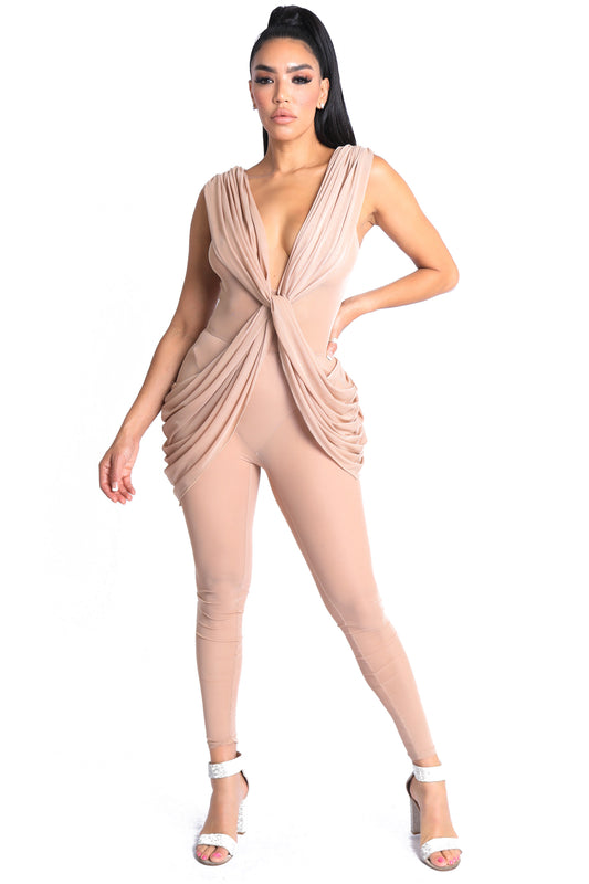 Sexy Sleeveless Lightweight Draped Mesh Jumpsuit Party Clubwear NUDE - Craze Trends