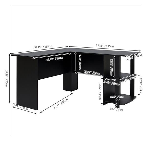 L-Shaped Wood Right-angle Computer Desk with Two-layer Bookshelves