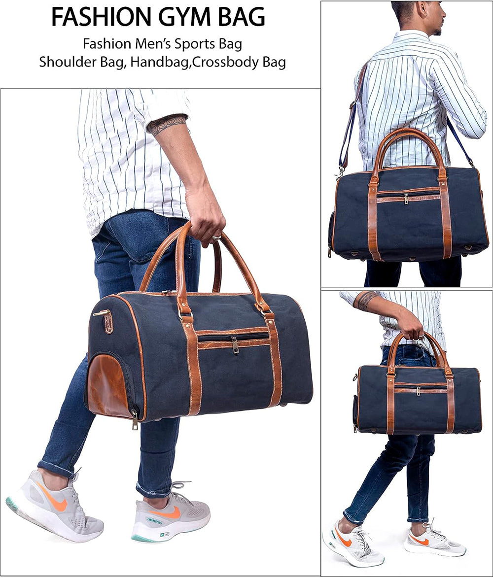 Canvas Genuine Leather Large Duffel Bag Overnight Weekender Bag - Craze Trends