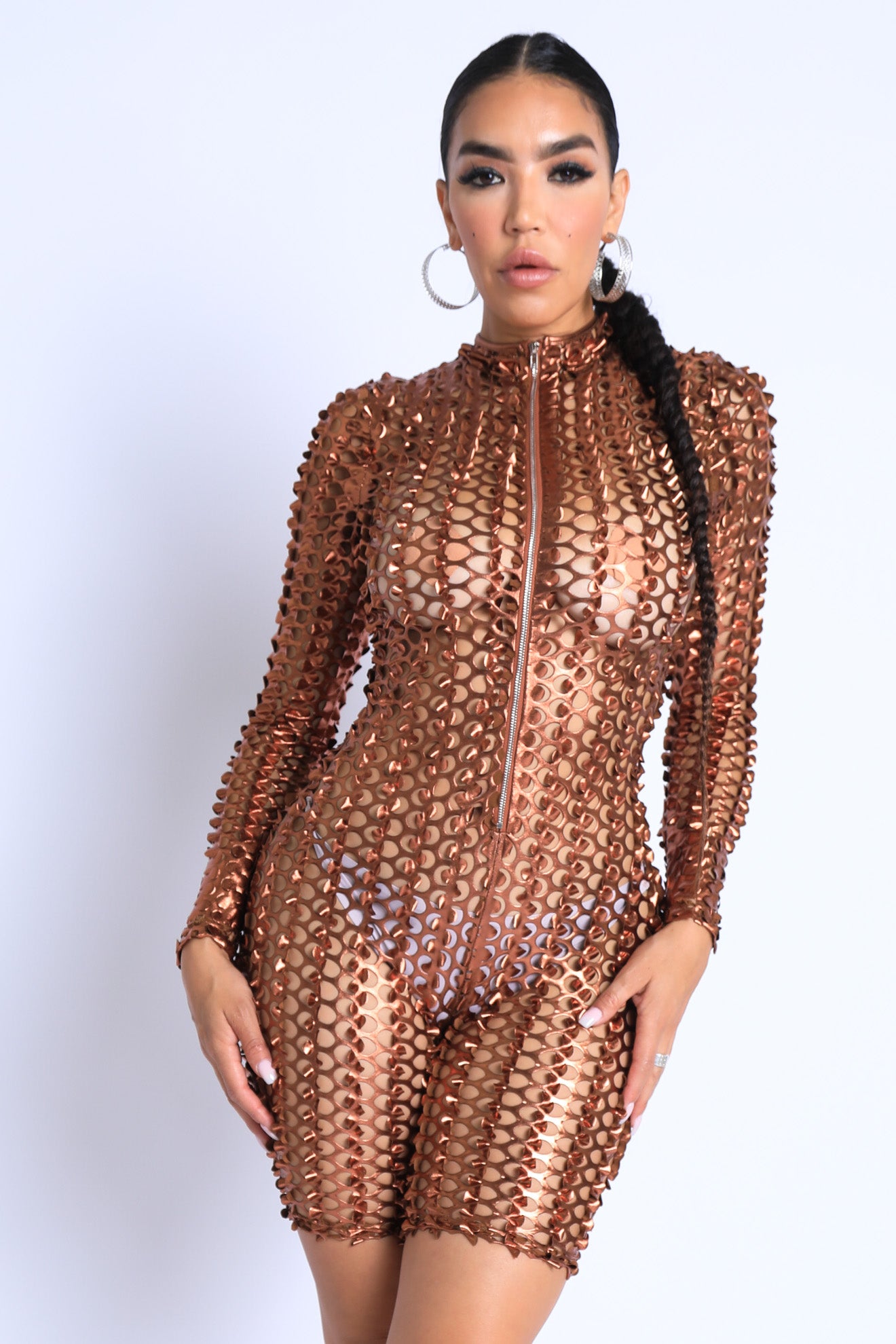 Sexy Club Outfit Romper Long Sleeve Cutting Mesh Bodysuit BRONZE - Craze Trends