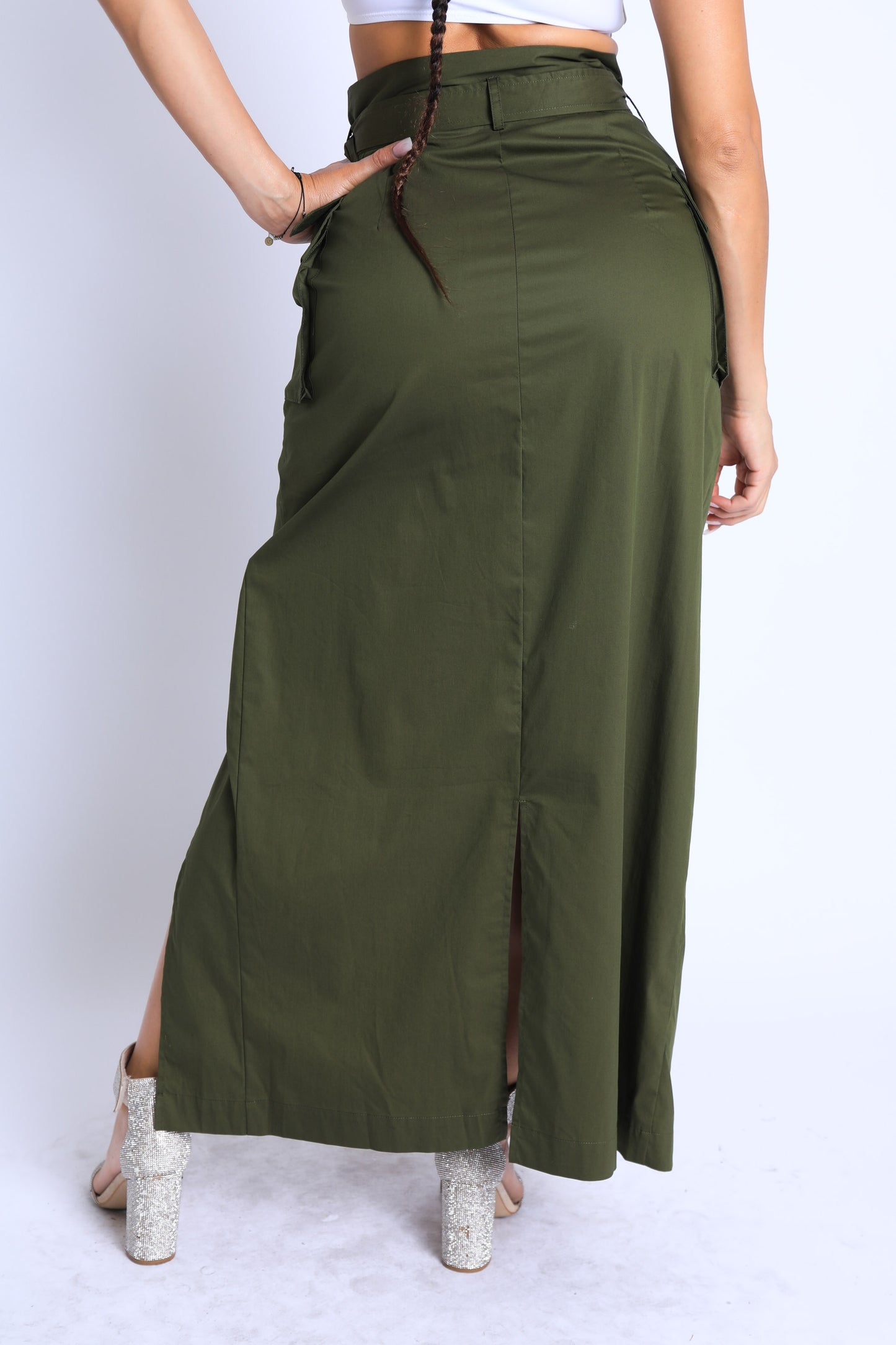 Asymmetric Self Belted Pockets Detailed Maxi Skirt Formal Casual - Craze Trends