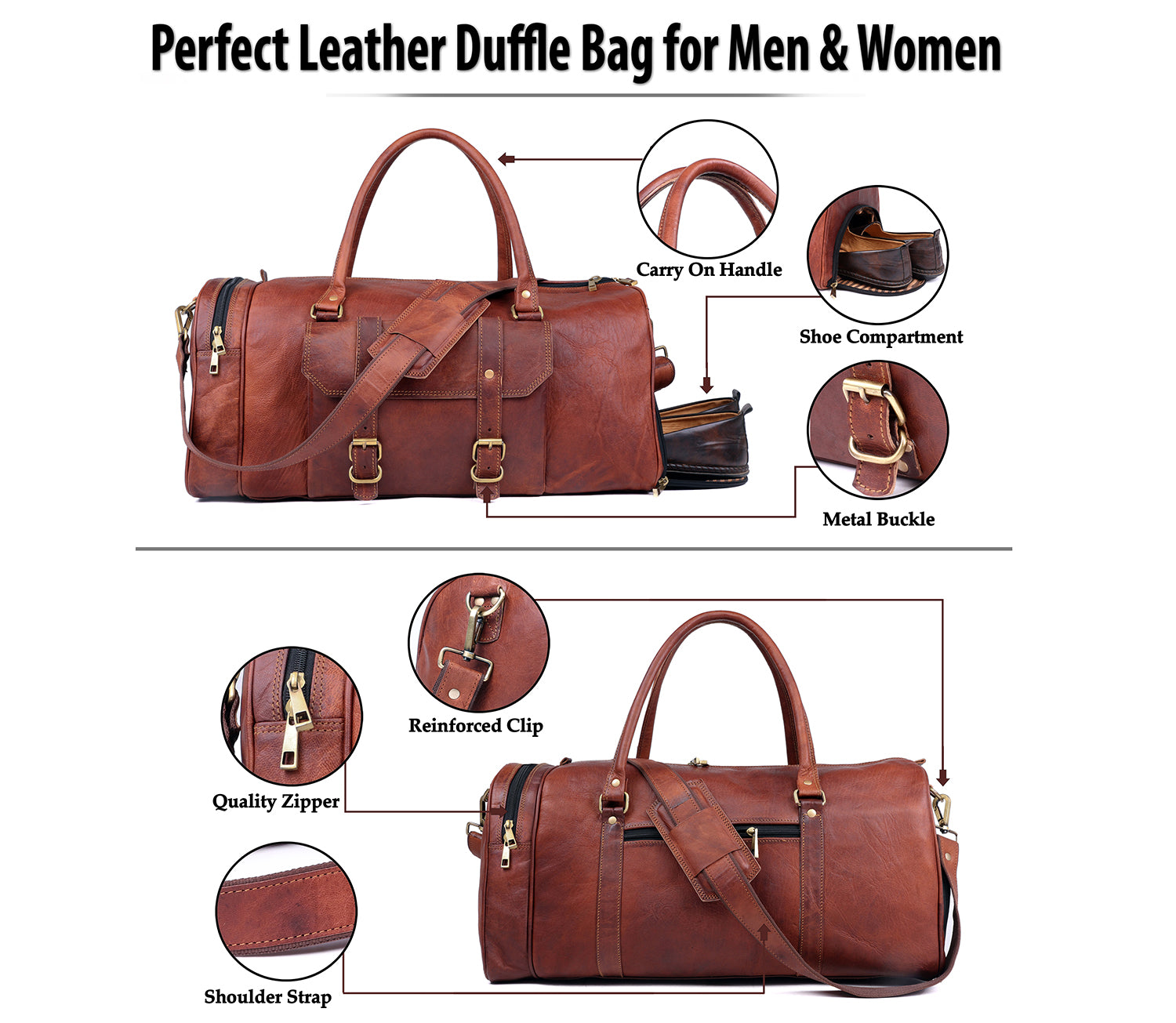 Handmade Genuine Leather Travel Duffel Bag with Shoe Compartment - Craze Trends