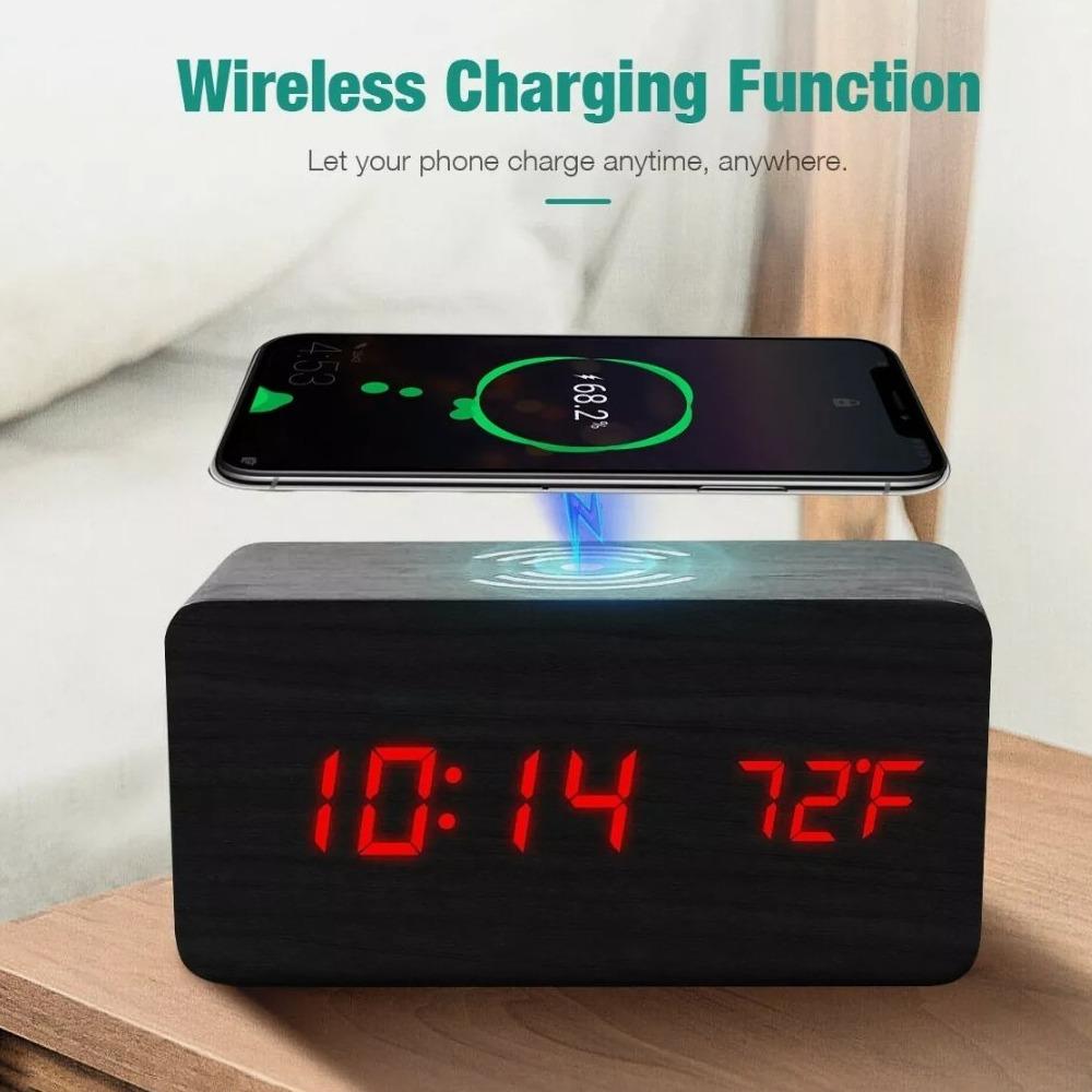 Wooden Digital Alarm Clock with Wireless Phone Charging Pad - Craze Trends