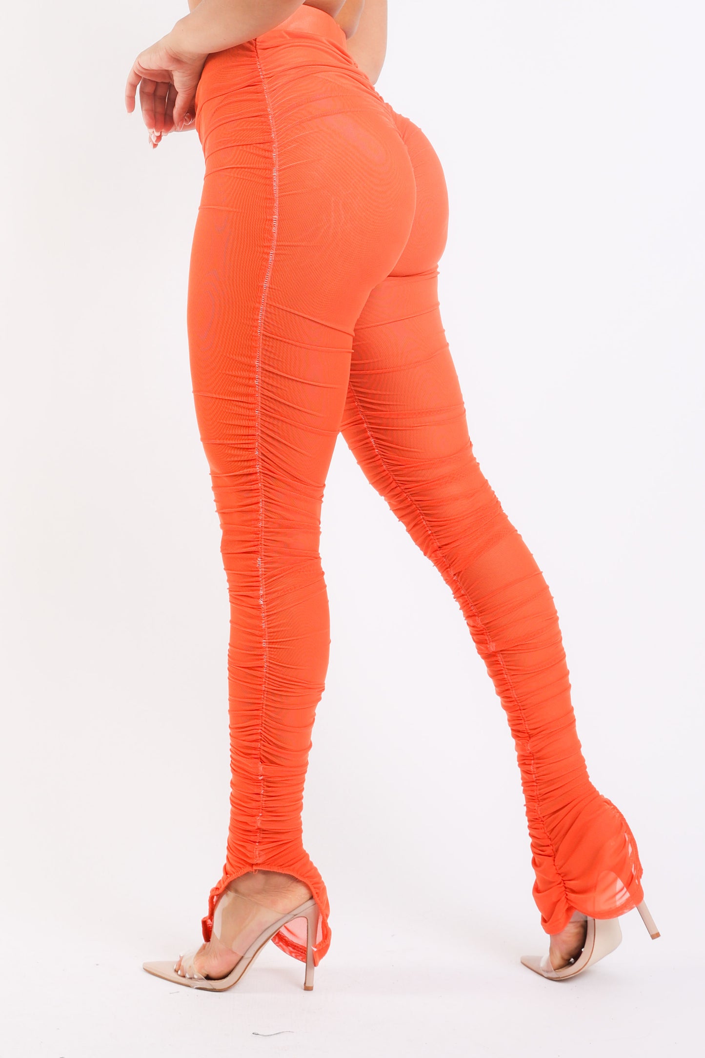 Casual Ruched Mesh Elastic Waist Sexy Leggings Slit Hem ORANGE - Craze Trends