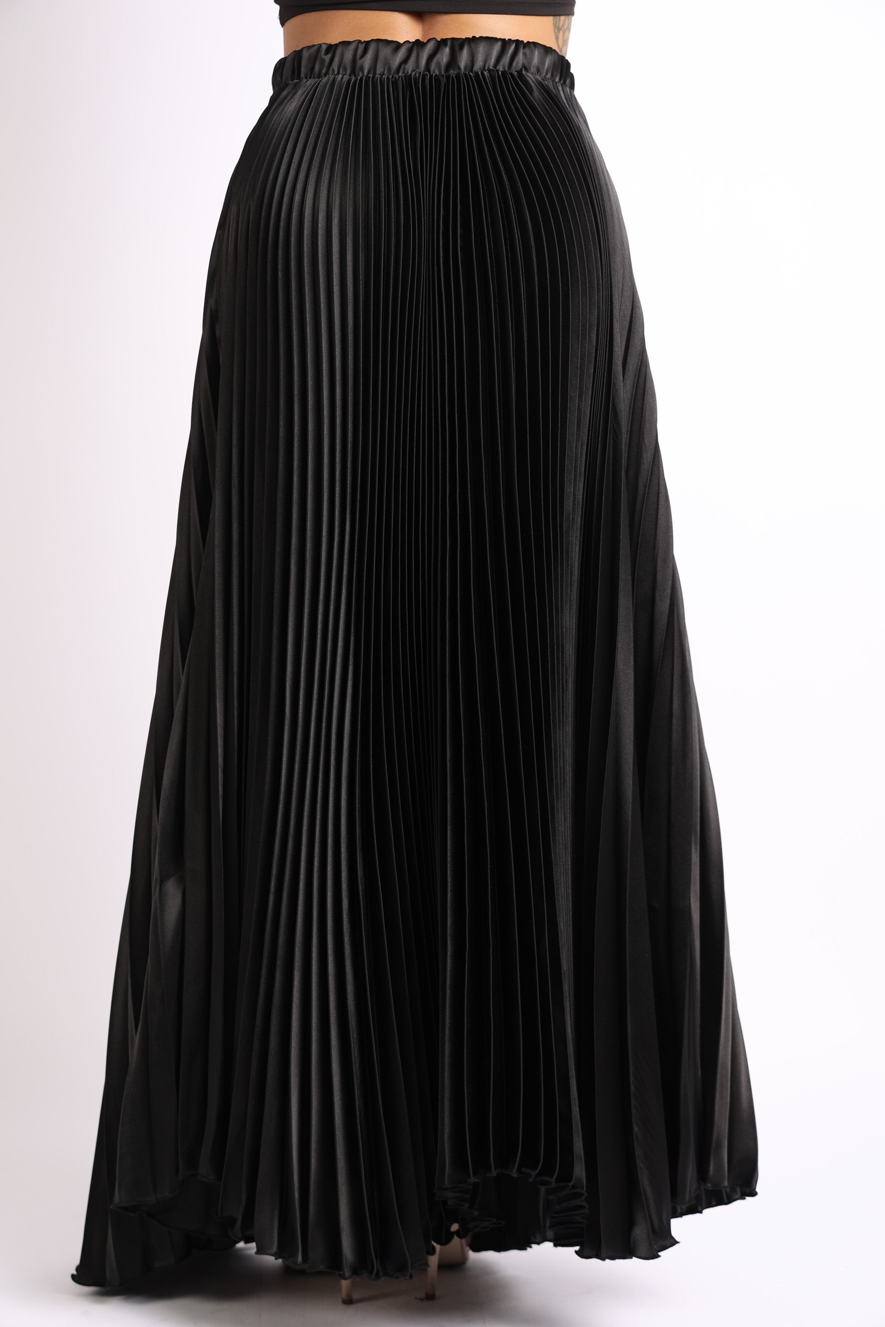 Elastic High Waist A-Line Pleated Satin Maxi Skirt BLACK - Craze Trends