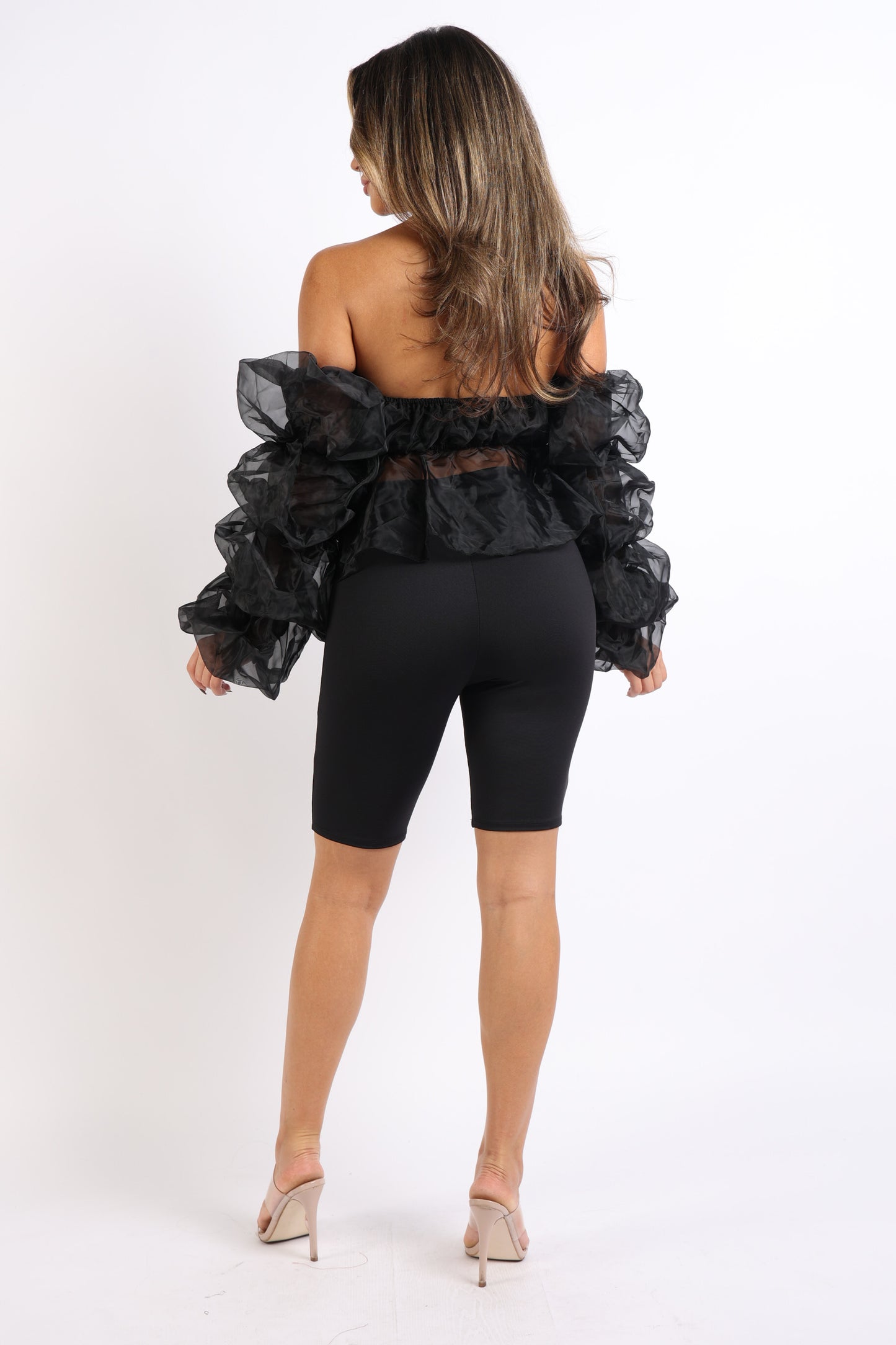 Sexy Organza Sleeve Detailed Top & Matching Shorts 2 Piece Set Black - Craze Trends