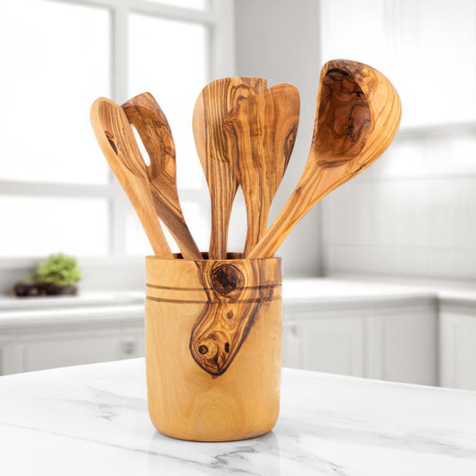 Handmade Olive Wood Kitchen Utensils Set of 5 with Wooden Holder - Craze Trends